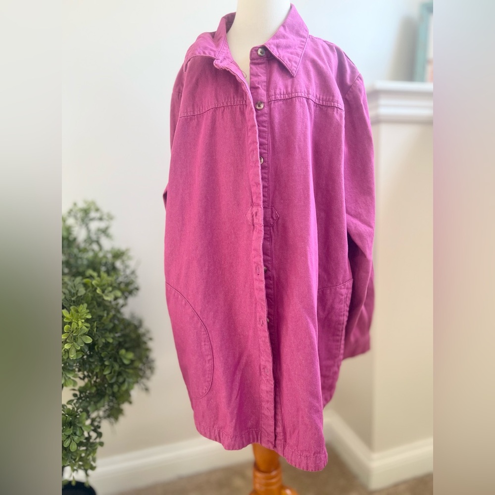 Joan Rivers button up jacket, purpleish, pink pockets heavy large